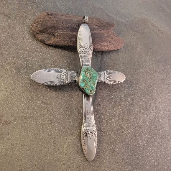 Huge Vintage Sterling Turquoise Antique Silverware Cross Pendant - Picture 4 of 10